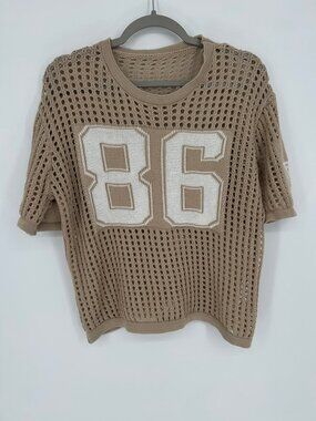 Open Knit Mesh Sweater Large Varsity 86 Graphic Oversized Casual Boho Coastal